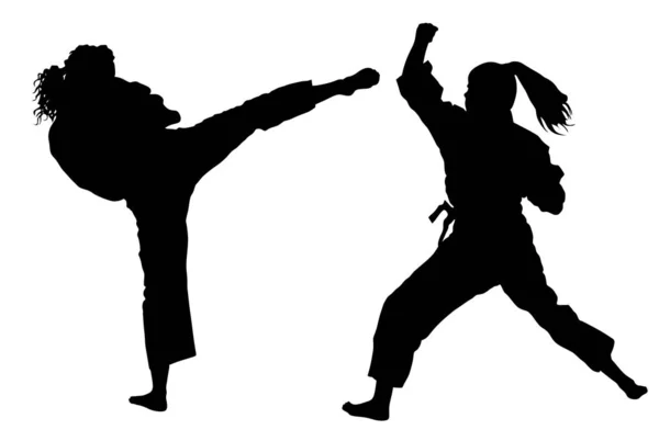 Karate Mujer Luchadores Kimono Ilustración Silueta Vectorial Combatientes Judo Damas — Vector de stock