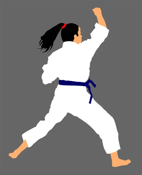 Karate woman fighter in kimono, vector illustration. Japan traditional martial art. Girl in self defense presentation. In healthy body healthy mind. Karate mom. Protect yourself against aggressor.