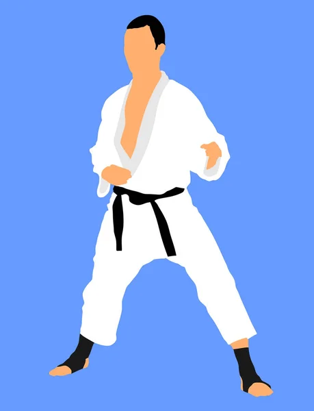 Karate man fighter in kimono vector illustration. Japan traditional martial art. Boy self defense presentation. In healthy body healthy mind. Protect yourself against aggressor. Sport Olympic discipline.