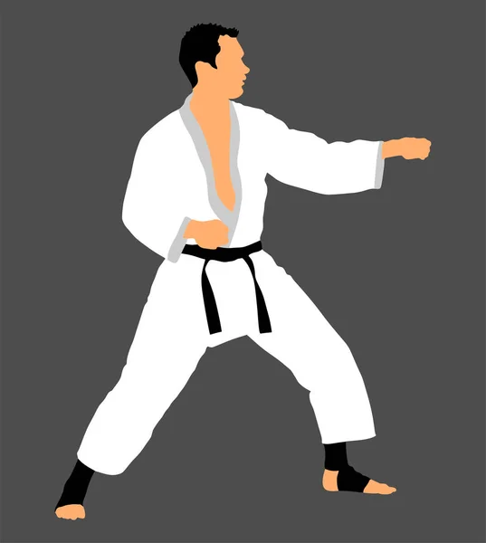 Karate man fighter in kimono vector illustration. Japan traditional martial art. Boy self defense presentation. In healthy body healthy mind. Protect yourself against aggressor. Sport Olympic discipline.