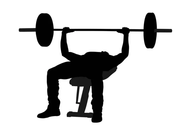 举重运动员在板凳健身房矢量剪影插图孤立在白色背景 运动的家伙做模拟器锻炼 运动男子健美运动员在训练 健康和健身 — 图库矢量图片