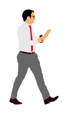 Kendine güvenen bir lider yürüyor. İş adamı iş vektör illüstrasyon üzerinde. Ofiste elinde cep telefonu olan yakışıklı adam. Yönetici seminerde çalışanların çalışma sürecini açıklar. Zarif kişi.