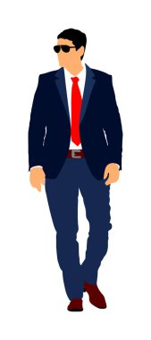 Kendine güvenen bir lider yürüyor. İş adamı iş vektör illüstrasyon üzerinde. Ofiste takım elbiseli yakışıklı bir iş adamı. Zarif yönetici. Koruma çevre izleme, gözlemlemek, başkanın güvenliği için bakım.