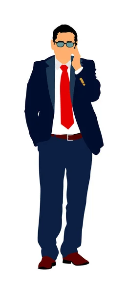 Selbstbewusste Führungskraft Geschäftsmann Auf Arbeit Vektor Illustration Geschäftsmann Anzug Handy — Stockvektor