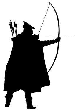 Okçu vektör siluet illüstrasyon beyaz arka plan üzerinde izole. Robin Hood vektör siluet avcılık Geleneksel avcı.