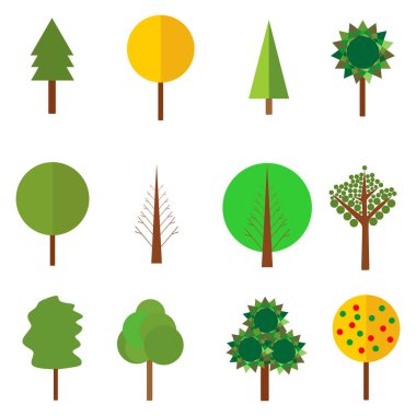 Yeşil ağaç simgelerinin vektör koleksiyonu. Noel ağacı illüstrasyon. Büyük grafik ağacı sembolü kümesi. Doğal ekoloji bahçe arka plan tasarımı. Orman simgesi. Ahşap sembol. Şube seti.