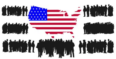 Yeşil kart başvurusu. Bir grup mültecinin vektör silueti, Orta Doğu ve Afrika'daki göç krizi. Savaş göç dalgaları. Amerika Birleşik Devletleri vektör haritası ve yeni sakinleri, vatandaşlar kitle.