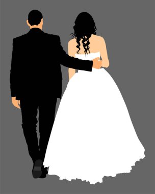 Damat ve gelin düğün günü, elbise ve takım vektör illüstrasyon. Genç düğün çifti. Mutlu gelin ve damat düğün töreninden sonra. Aşık bir çift. Aşık sadece evli çift.