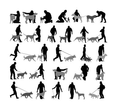 Sahibi koşarak tasma köpek tutar, şampiyon köpek vektör siluet, sergi. Bulucu patlayıcı ları ve uyuşturucuları tespit etti. Hayatta kalmak bulmak için kurtarma aktivite köpek. Evcil hayvan dostu. Shepard, Doberman,