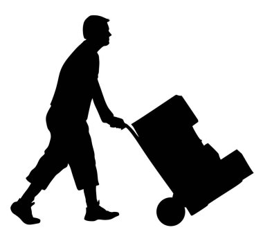 Teslimatçı, kutu dolusu mal vektörü taşıyor. Paketli postacı. Dağıtım tedariki. Taşıma hizmeti için ağır yük tutan çocuk. Kullanışlı adam hareket halinde. Sepetle el taşıma yöntemi.