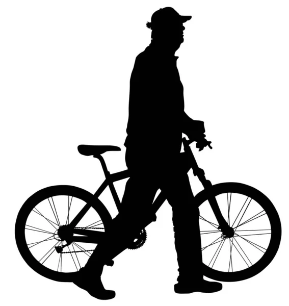 Senior Gentleman Pushing Bicycle Park Vector Silhouette Illustration Grandpa Active — Stock Vector