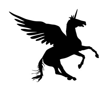 Sevimli sihirli Unicorn Pegasus vektör siluetbeyaz arka plan üzerinde izole. Pegasus silueti, görkemli efsanevi Yunan kanatlı atı. Mitoloji rüyadan At uçan. Özgürlüğün sembolü.