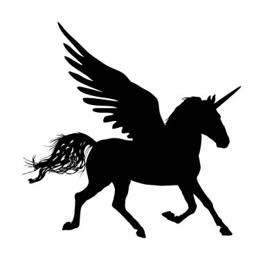 Sevimli sihirli Unicorn Pegasus vektör siluetbeyaz arka plan üzerinde izole. Pegasus silueti, görkemli efsanevi Yunan kanatlı atı. Mitoloji rüyadan At uçan. Özgürlüğün sembolü.