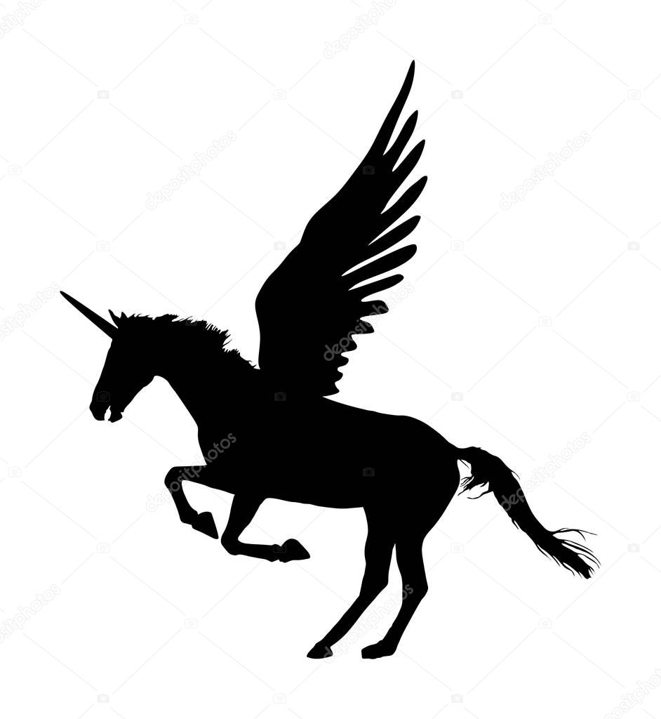 Cute magic Unicorn Pegasus vector silhouette isolated on white background. Pegasus silhouette, majestic mythical Greek winged horse.  Mythology flying Horse from dream. Symbol of freedom.