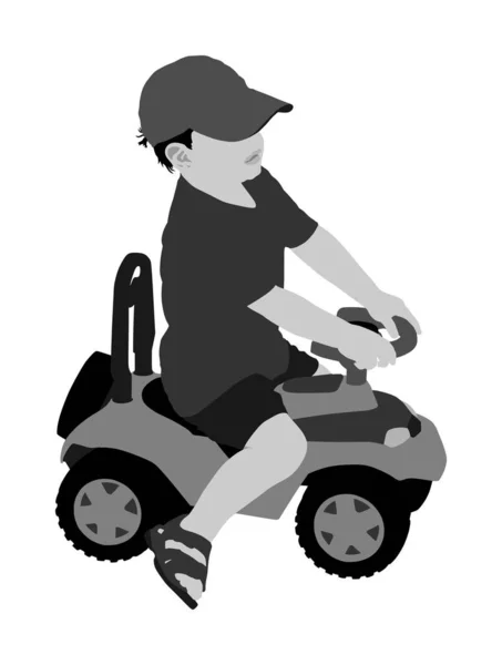 Menino Condução Mini Carro Vetor Ilustração Criança Com Automóvel Brinquedo —  Vetores de Stock