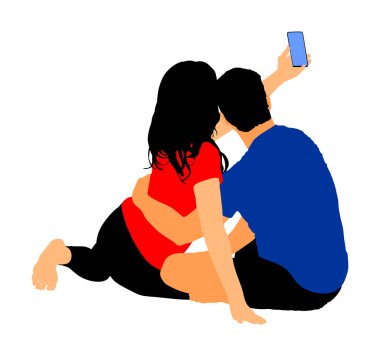 Aşık mutlu çift beyaz arka plan üzerinde izole selfie vektör illüstrasyon almak. Erkek arkadaş ve kız arkadaşı telefon ile eğlenceli seyahat. Romantik açık piknik fotoğrafçılığı.