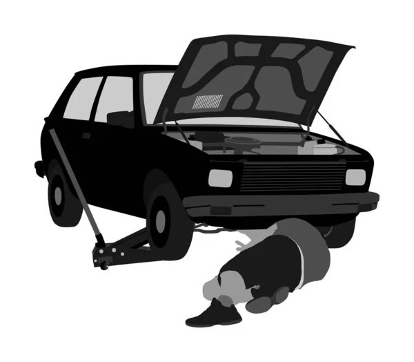 Autójavító Szolgáltatások Szerelő Közúti Vektor Illusztráció Probléma Autó Nyitott Kapucnis — Stock Vector