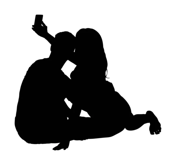 Happy Couple Love Take Selfie Vector Silhouette Illustration Isolated White — Stock Vector