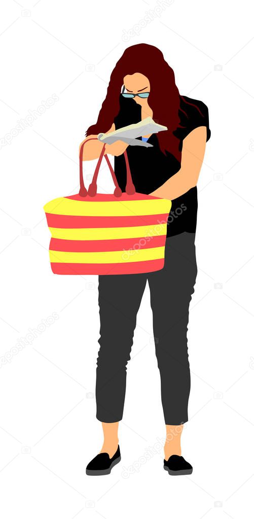 Woman looking for a wallet, keys on the bag, vector illustration. Stressful situation on street, loss of money. Tourist lady lost passport. Problems at the border. No payment card searching in bag.
