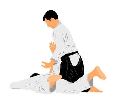 İki aikido savaşçıları vektör sembolü illüstrasyon arasında mücadele. Eğitim eylem üzerinde antreman. Nefsi müdafaa, savunma sanatı egzersiz konsepti. Karate ve aikido savaşçıları. Geleneksel savaşçı becerileri.