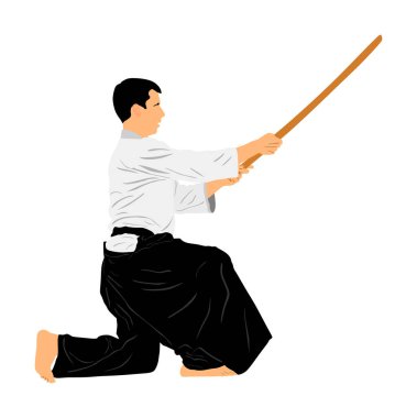 Aikido avcı vektör illüstrasyon. Eğitim eylemi. Nefsi müdafaa, savunma sanatı excercising kavramı. Aikido eğitmen katana ile beceri göstermek. Asya'dan geleneksel savaşçı becerileri. Kendo mücadele.