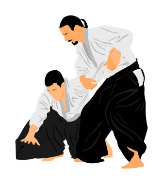 İki aikido savaşçıları vektör sembolü illüstrasyon arasında mücadele. Eğitim eylem üzerinde antreman. Nefsi müdafaa, savunma sanatı egzersiz konsepti. Karate ve aikido savaşçıları. Geleneksel savaşçı becerileri.