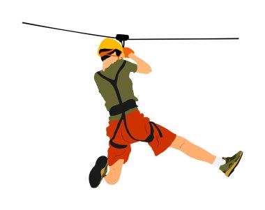 Ekstrem sporcu iple yere yıktı. Adam tırmanma vektör illüstrasyon, beyaz izole. Macera parkı halat merdiven spor hafta sonu zipline eylem. Eğlence için ropeway, takım oluşturma. Kurtarma görevi.