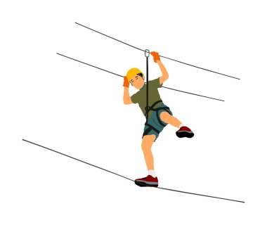 Ekstrem sporcu iple yere yıktı. Adam tırmanma vektör illüstrasyon, beyaz izole. Macera parkı halat merdiven spor hafta sonu zipline eylem. Eğlence için ropeway, takım oluşturma. Kurtarma görevi.