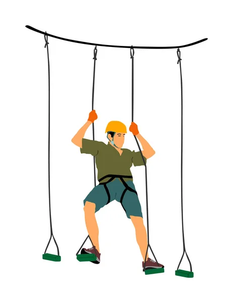 极限运动员用绳子拿下来 人攀爬矢量插图 隔离在白色上 运动周末拉链行动在冒险公园绳梯 索道的乐趣 团队建设 救援任务 — 图库矢量图片