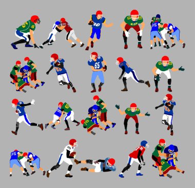 Amerikalı futbolcular iş başında, vektör izole. Sahada tam teçhizatlı sporcu. Rugby sporcusu, top için savaş. Süper top. popüler spor süper yıldız. Kolaj spor sporcusu eğitim.