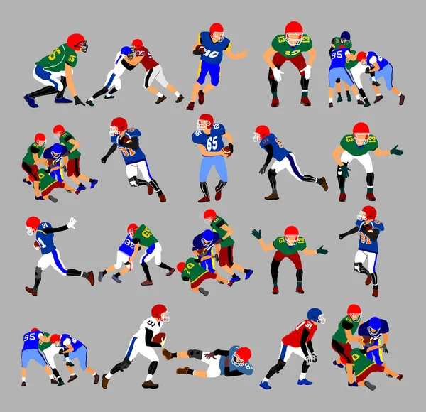 American football players in action, vector isolated. Sportsman in full equipment on court. Rugby sportsman, battle for ball. Super ball. popular sport super star. Collage sport athlete on training.