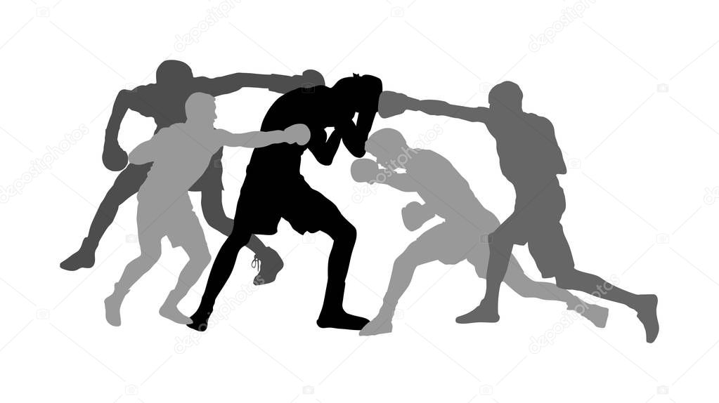 Unequal fighting vector silhouette. Alone against all, unfair hooligans fight. Angry terror. Street hitting and punching, bully crew abused man. Initiation to enter in gang. Cruel brutal punishment.