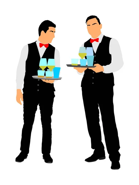 Camareros Profesionales Bandeja Sujeción Tripulación Con Bebidas Orden Para Invitados — Vector de stock