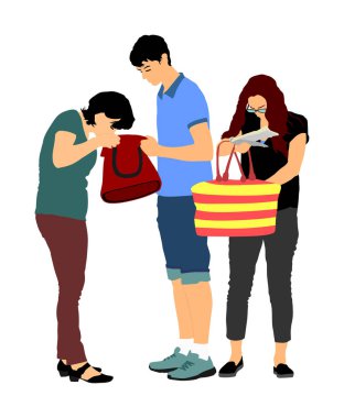 Woman looking for a wallet, keys on bag, vector illustration. Stressful situation on street, loss of money. Tourist lady lost passport. Problem at the border. No payment card searching victim of crime clipart