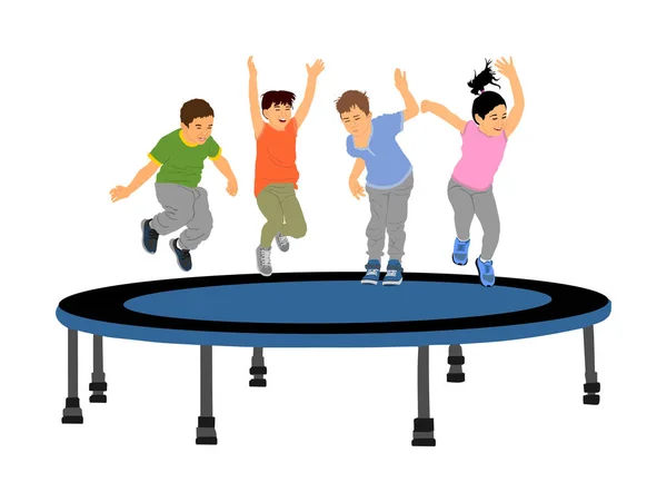 Kinderen Springen Tuin Trampoline Vector Illustraties Geïsoleerd Wit Vrolijke Kinderen — Stockvector