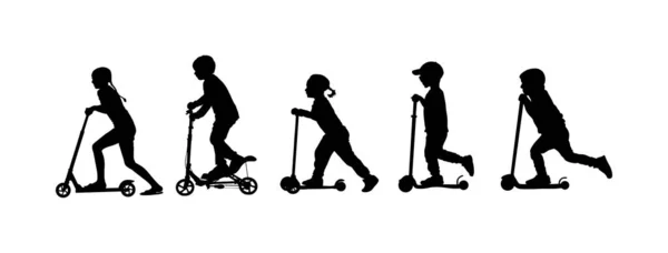 Groupe Enfants Équitation Scooter Vecteur Silhouette Les Enfants Kick Board — Image vectorielle