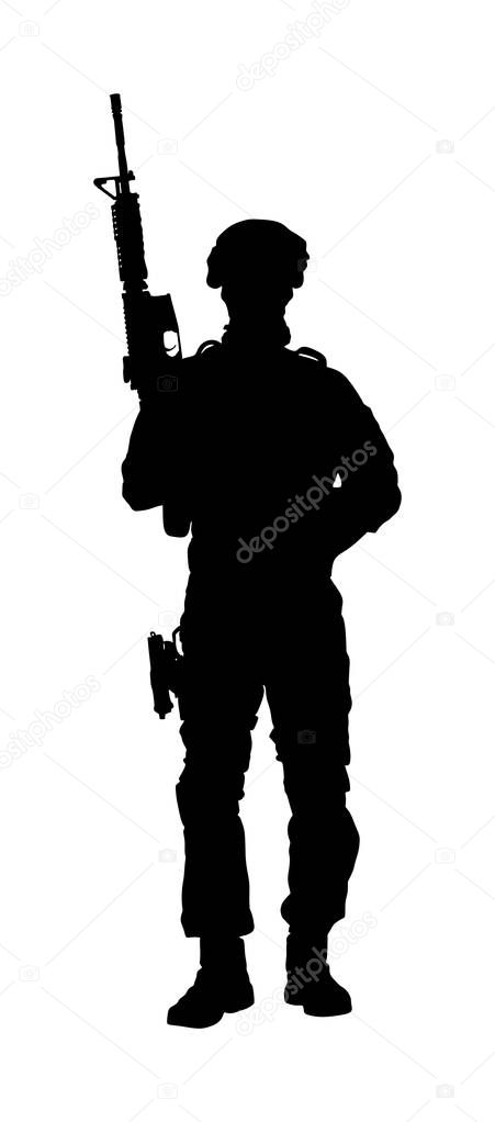 Army soldier with sniper rifle on duty vector silhouette (Memorial day, Veteran's day, 4th of July, Independence day ) Soldier keeps the watch, on the guard. Ranger on border. Commandos saluting. 