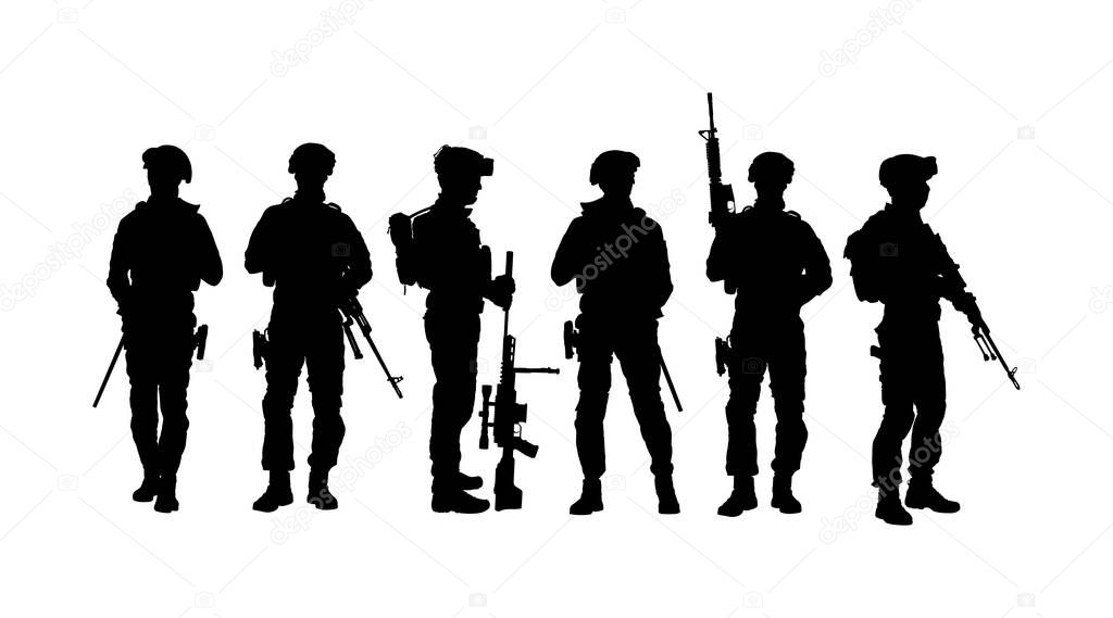 Army soldiers with sniper rifle on duty vector silhouette (Memorial day, Veteran's day, 4th of July, Independence day ) Soldier keeps the watch, on the guard. Rangers on border. Commandos team unit.