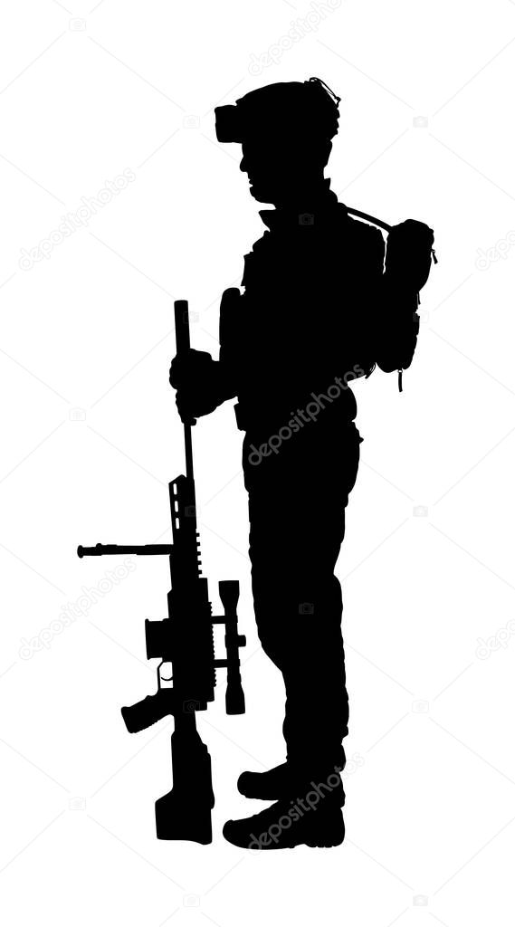 Army soldier with sniper rifle on duty vector silhouette (Memorial day, Veteran's day, 4th of July, Independence day ) Soldier keeps the watch, on the guard. Ranger on border. Commandos saluting. 