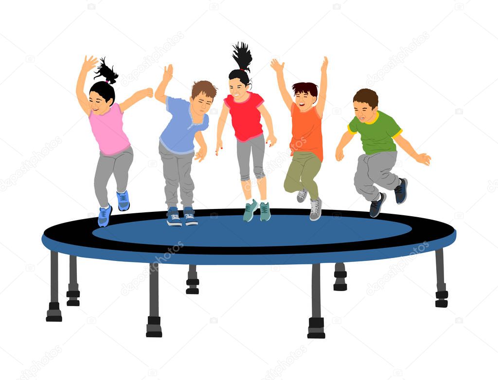Children jumping on garden trampoline vector illustrations isolated on white. Joyful kids enjoying and smiling. Boys and girls play outdoor. Summertime entertainment. Happy birthday celebration.