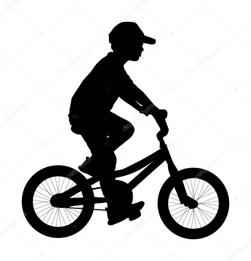 Little boy riding bicycle vector silhouette illustration isolated on white background. Kid enjoying in bike drive. Child active outdoor. Leisure time. Happy boy with favorite toy, gift for birthday.