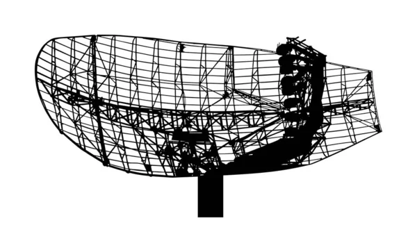 軍用レーダー空気監視ベクトルシルエットは 白い背景に隔離されています 電気通信システム デジタルアンテナ送信機 衛星長距離波伝送 — ストックベクタ