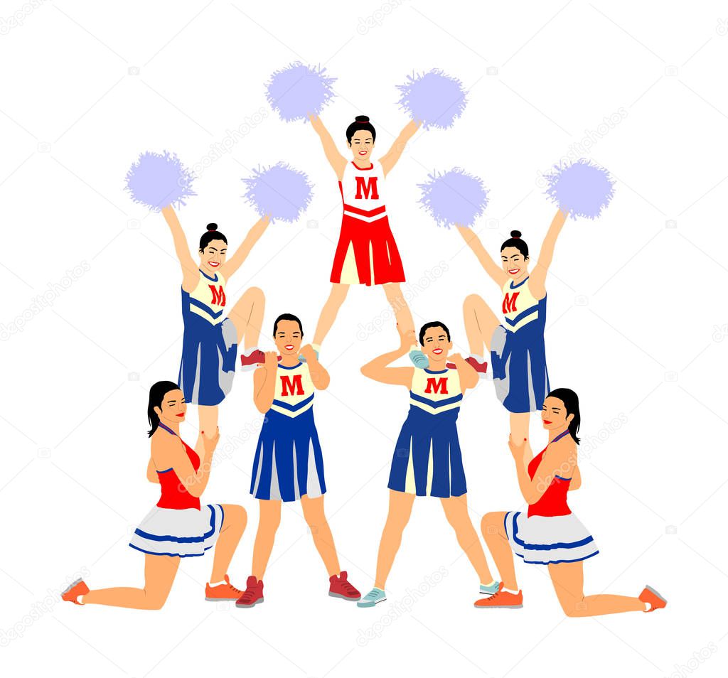 Cheerleader dancers figure vector illustration isolated. Cheer leading girl sport support. High school, college cheer leading formation. Gymnastic legs apart pose perform. Energy dance fan smiling.