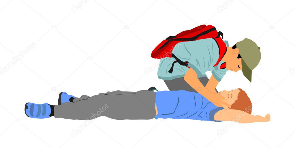 Boy helps friend in unconscious drowning. Car accident victim. Paramedic rescue patient first aid vector illustration. Sneak attack rescue team. Fire victim evacuation. Health care training dead body.