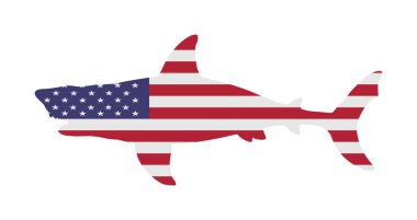 Beyaz köpekbalığı vektör silueti üzerinde Usa bayrağı. Deniz yırtıcısı. Tehlike plaj alarmı. Ağzını aç canavar. Dalgıçlar ve yüzücüler için en büyük korku. Amerika 'da su altında yüzme uyarısı