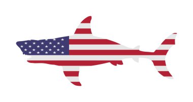 USA flag over Shark vector silhouette isolated on white. Sea predator. Danger on beach alert. Open jaws beast. The biggest fear for divers and swimmers. America under water alert for diving swimming clipart