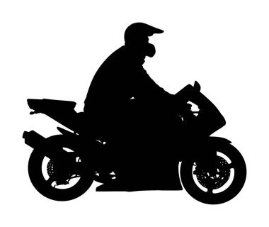 Motorcu asfalt yol vektör silüetinde motosiklet sürüyor. Özgürlük aktivitesi. Bisikletle yolculuk. Motosikletli, kask siluetli bir adam. Motosikletli çocuk. Özgürlük kavramı.