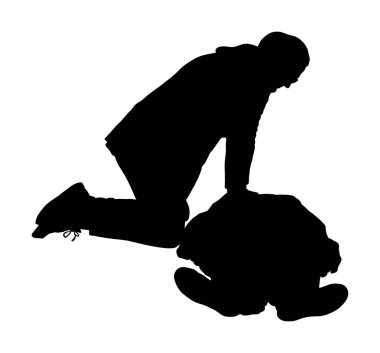 İlk yardım hastasının ilk yardım vektör silueti. Bilinçsiz boğulma kazası geçiren adama yardım et. Aşırı dozda sarhoş insan. Kalp masajı kurtarma ekibi. Ocak saldırısının kurbanı. Kadın kurtarma adamı kalp masajıyla.