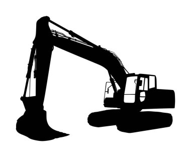 Beyaz arka planda büyük buldozer taşıyıcı vektör silueti izole edildi. Tozlu kazıcı silueti çizimi. Kara için kazıcı dozer. İnşaat halinde. İnşaat makinesi çağrı cihazı. Motor derecelendirici izole.