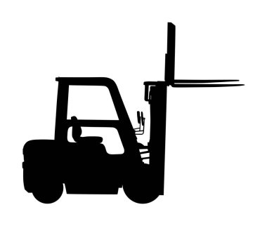 Forklift vektör silueti, ağır yükleyici. Kargo depodan kamyona. Depolama malzemeleri rafları, mallarla dolu paletler. Nakliye ve ulaşım konsepti. İnşaat alanı için yük kamyonu aracı.